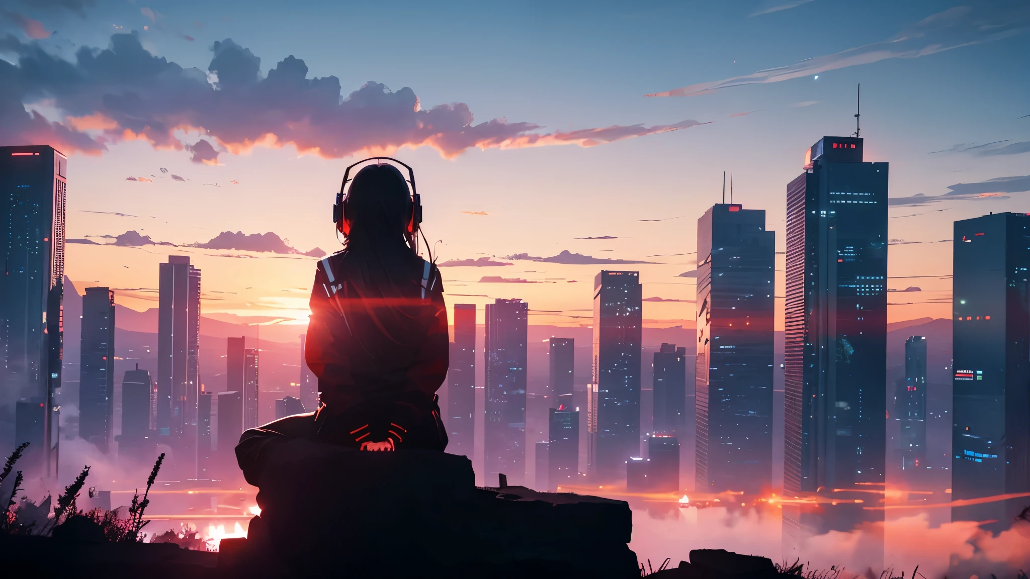 octane, red sunset, star (null), scenery, starnull, night, 1 girl,silhouette, Wearing headphones,nightnull, alone, outdoors, building, cloud, milky way, Seated,Looking up at the null, wood, long hair, city, scape,Back view、Blonde、Holding a cigarette