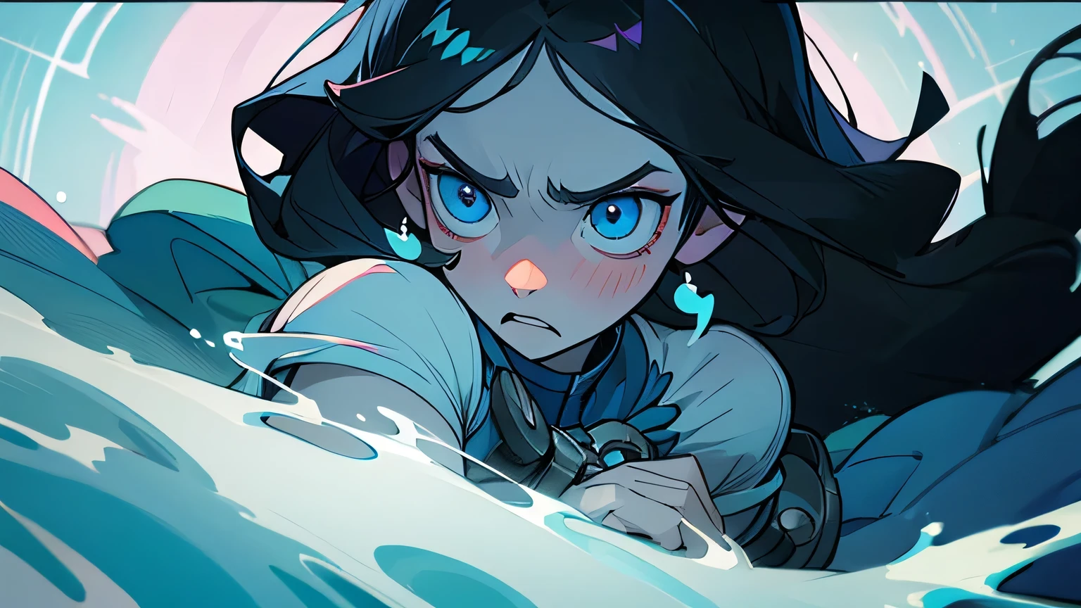  moon princess, long black hair, pale white skin, sea blue eyes, blue clothing, shock expression, shock face, close up shot, shocked, worried, helpless, hopeless, in tower, fight back, weak