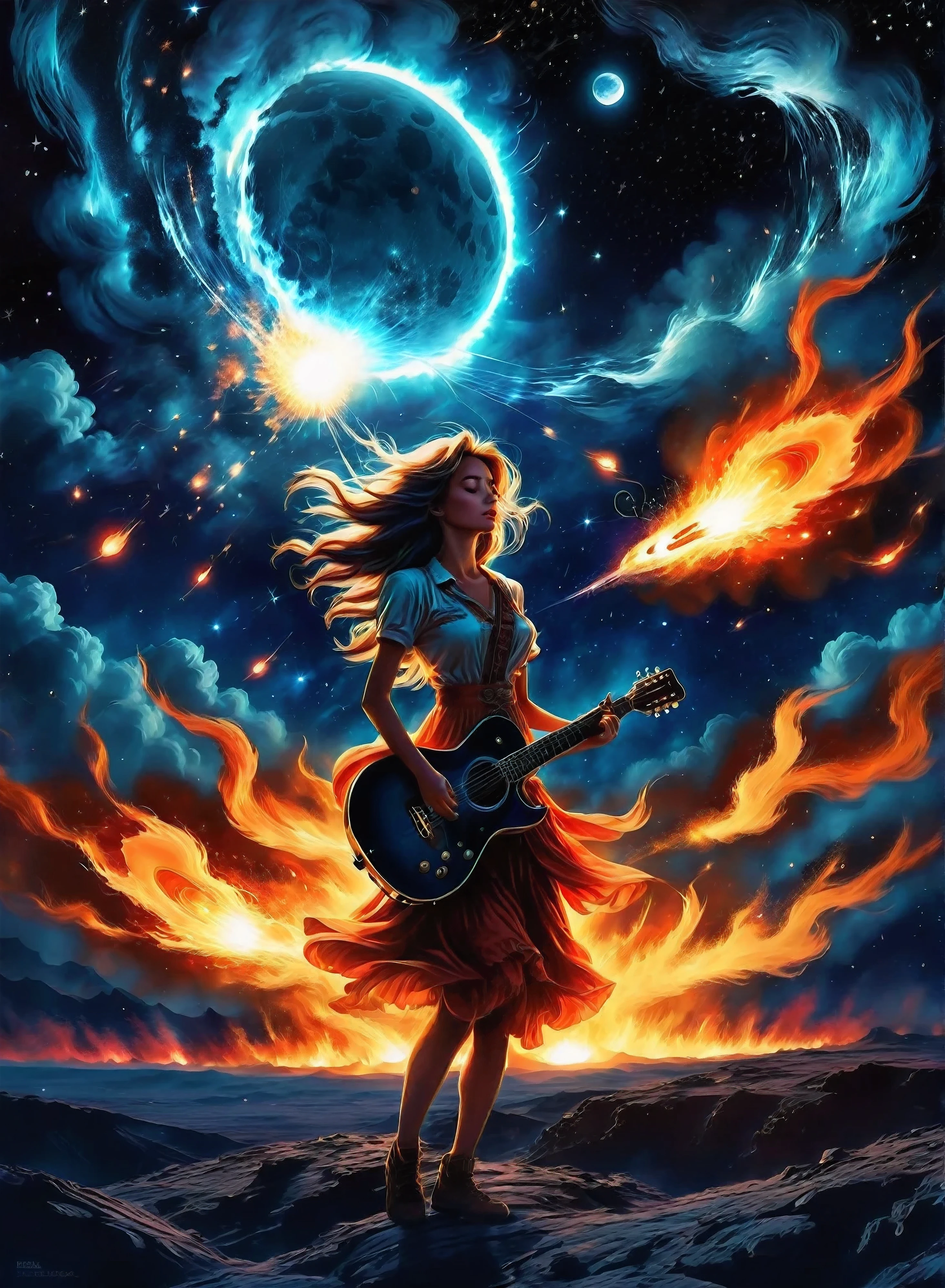 "Capture the epic and enchanting scene of a beautiful girl playing the guitar on the moon, while a large flaming meteor streaks across the sky behind her. The girl is positioned in the center of the image, illuminated by the soft moonlight, highlighting her delicate features and expression serene as her skillful fingers dance over the guitar strings. The burning meteor adds an element of drama and urgency to the scene, with its vibrant colors and sense of imminent movement.
To bring realism and sophistication to the scene, add details like the rough texture of the lunar surface beneath the girl's feet, the strands of her hair gently ruffled by the cosmic breeze, and small details in the surrounding lunar landscape, like distant craters and low mountains. The color palette should be rich and contrasting, with the deep blue tones of the night sky mixing with the golden and reddish tones of the burning meteor.
The composition of the image should highlight the beauty and serenity of the girl, while simultaneously conveying the grandeur and danger represented by the burning meteor. The scene must be able to capture the attention of all viewers, inviting them to immerse themselves in the magic and emotion of the captured moment."