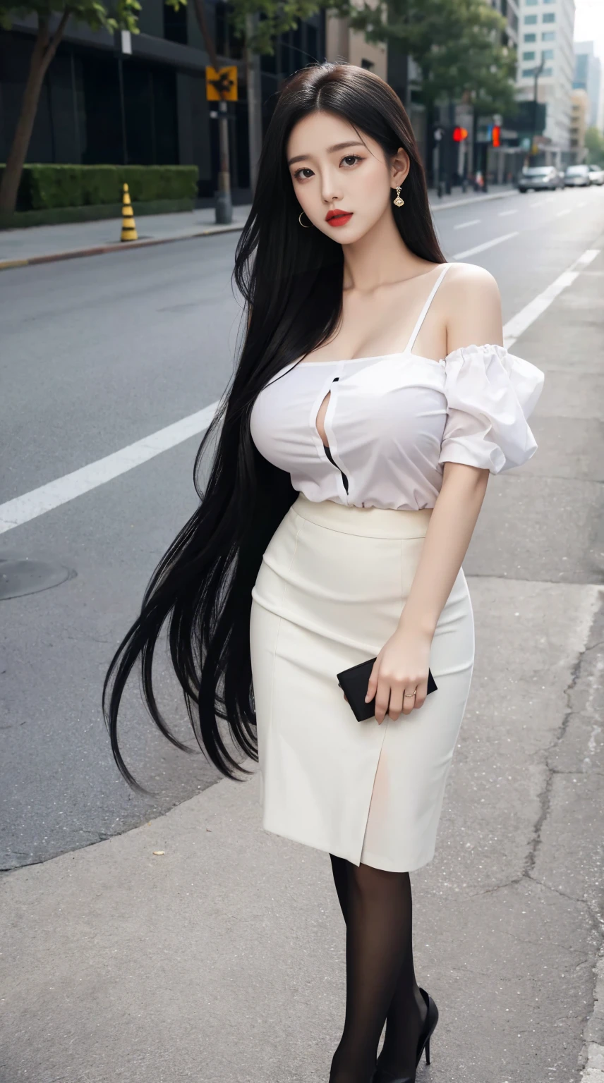 (8k, original photo, Best quality, masterpiece:1.2),1 Girl,only,Become a,long hair,Black Hair, old,Neckline,White shirt,Pencil Skirt,Black pantyhose,outdoor,Looking at the audience,permanent, blush, drunk, Huge breasts, High.