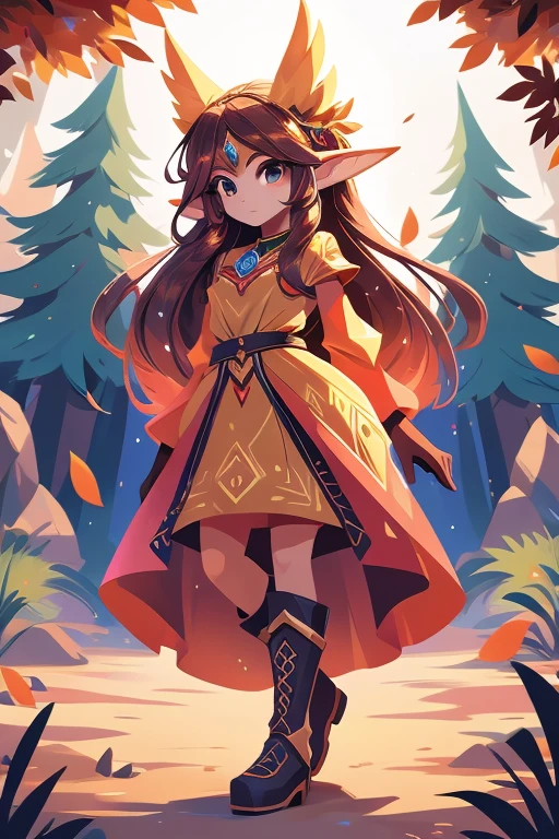 Nome: Elysia Race: Elfa Cor da pele: Vermelha brilhante Cor dos olhos: Dourado intenso Cabelo: Longo e ondulado, na cor vermelha fogo Vestimenta: An elegant and fluid tunic, na cor vermelha com detalhes dourados, adorned with elven symbols. Ela usa botas de couro marrom que combinam com seu arco e aljava. accessories: Um colar com um pingente de pedra brilhante, que emana uma aura quente e misteriosa. Its background shows a lush, exotic forest, with red trees and golden leaves, harmonizing with its unique appearance and fiery powers.
