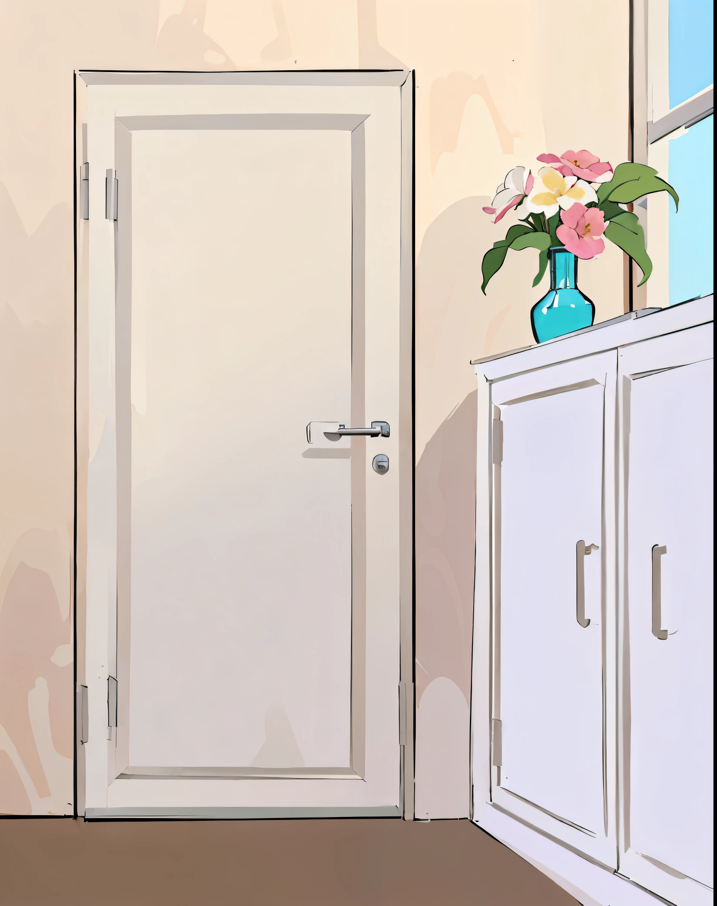 There is a vase on the cabinet in the room,There are flowers inside, Random background scenes, interior background technology, Personal room background, Interior scene, Bedroom background, background technology, Close-up scene, 打Open the door, detailed 2d illustration, background technologywork, Interior scene, Realistic scene, White background : 3, Open the door, Cream Room, Kitchen background, Room interior