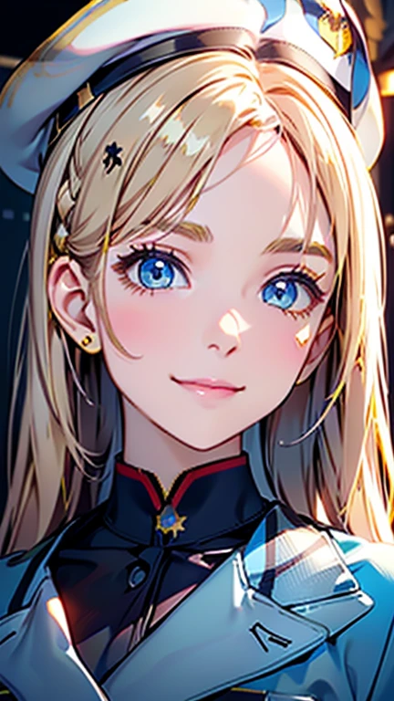Best quality , masterpiece, Portrait、、Bright expression、ponytail、Young, shiny, white, glossy skin、Gloss Face、Shining Cheek Gloss、(Small Face Beauty:1.1)、The best beauty、The dazzling light of blonde hair、Bright blonde hair with dazzling highlights、Very beautiful shiny light blonde hair、super long silky straight hair、Her shiny, beautiful bangs are covering her eyes.、Sparkling, clear, attractive, bright, large, pale blue eyes、Very big eyes、eyeliner、very beautiful lovely cute girl、Ample Bust, upper body , smile , ((((marine army uniform ))))