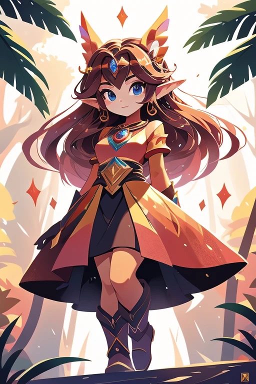 Nome: Elysia Race: Elfa Cor da pele: Vermelha brilhante Cor dos olhos: Dourado intenso Cabelo: Longo e ondulado, na cor vermelha fogo Vestimenta: An elegant and fluid tunic, na cor vermelha com detalhes dourados, adorned with elven symbols. Ela usa botas de couro marrom que combinam com seu arco e aljava. accessories: Um colar com um pingente de pedra brilhante, que emana uma aura quente e misteriosa. Its background shows a lush, exotic forest, with red trees and golden leaves, harmonizing with its unique appearance and fiery powers.