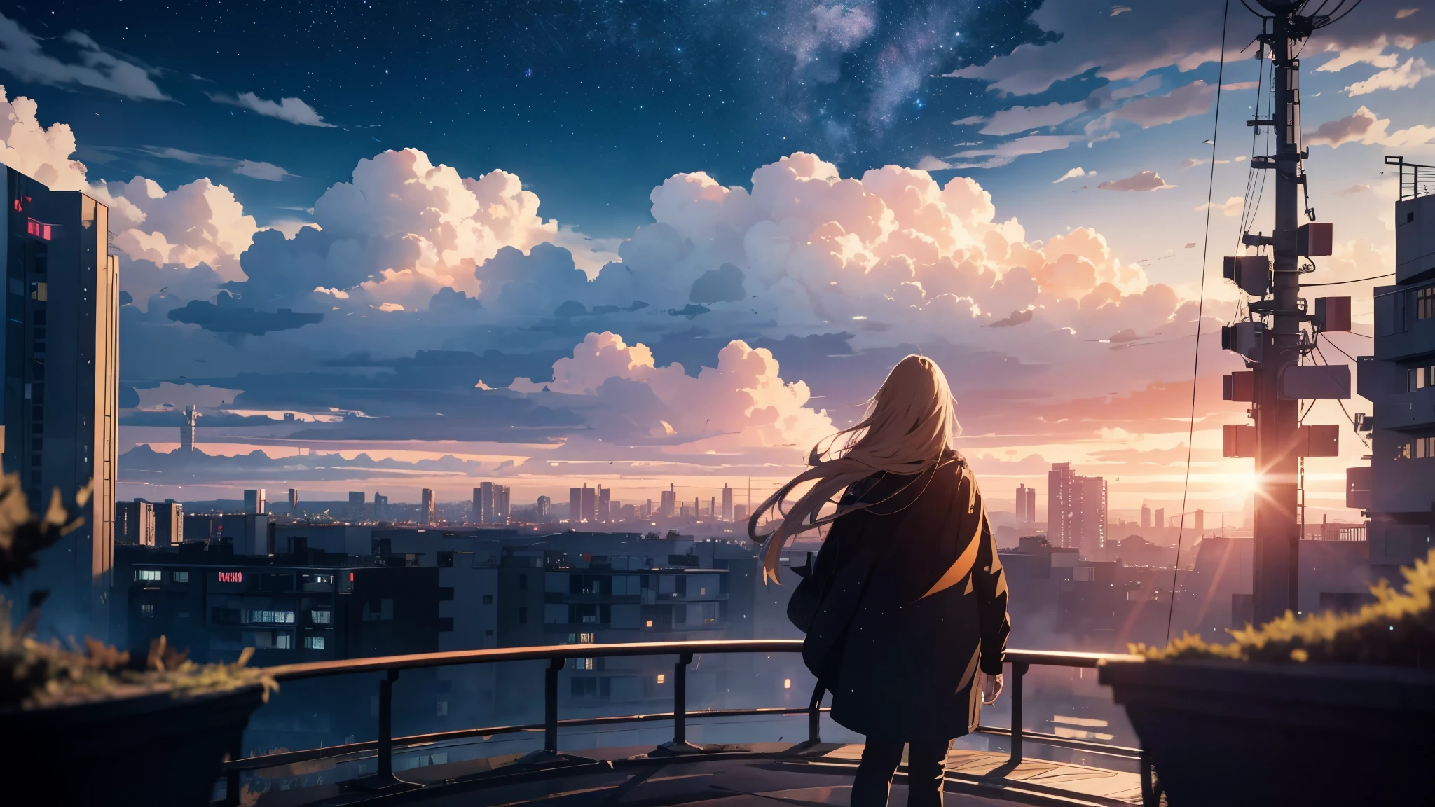 octane, null, star (null), scenery, starry null, night, 1 girl, night null, alone, outdoor, building, cloud, milky way, wood, long hair, city, silhouette, cityscape,anime art wallpaper 4k, anime art wallpaper 4k, Space null. by Makoto Shinkai,, anime wallpaper 4k, anime wallpaper 4k, infinite universe in the background, Look at the null、Back view、Blonde、I have a cigarette