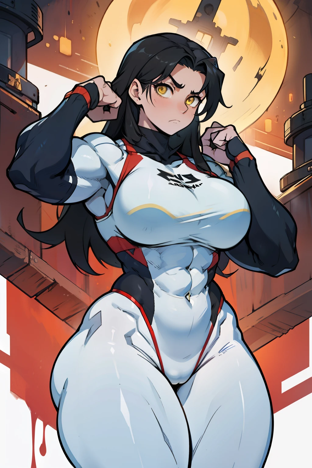 wide hips curvy thick thighs voluptuous large breasts muscular toned body bodybuilder black hair pale skin yellow eyes skintight expressionless sad thick thick thick