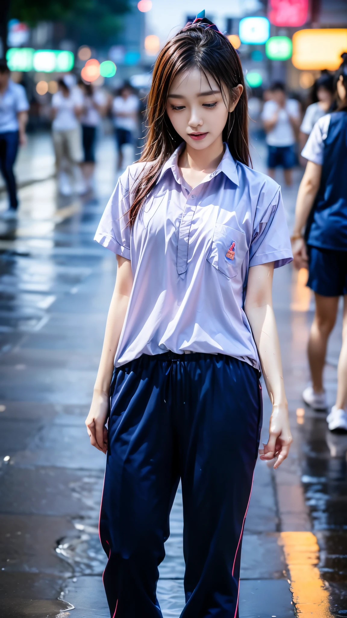 Songkran, wet street , A very realistic girl, wet soaked, drop, wet clothes, wet skin, wet hair, 8k, Masterpiece, realistic, beautiful,purple efficiency,Navy trousers,wet:1.5,dirty white powder