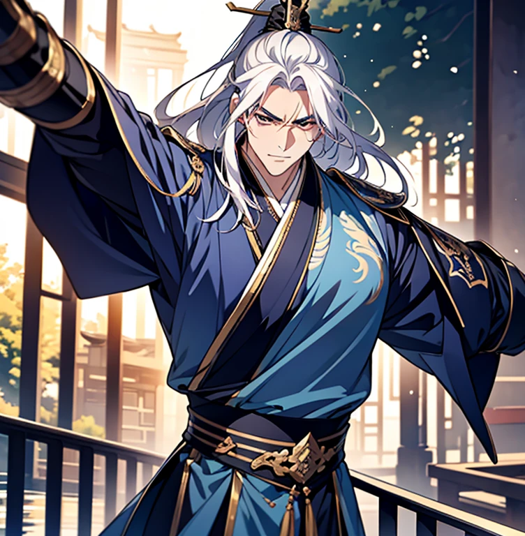 Summer Palace，48-year-old middle-aged male，White hair，Dissemination，Male focus，（The only person,Upper part of the body，：1.2），Headdress，Chinese courtyard，Black Hanfu robe，Weapons in hand，Holding a sword，cast a spell，An elegant and luxurious beautiful man，prince，that tree，Blue，lake，railing，Adonis，best quality，Concept Art，Hand-drawn 2D style，Dramatic expression，combat status，