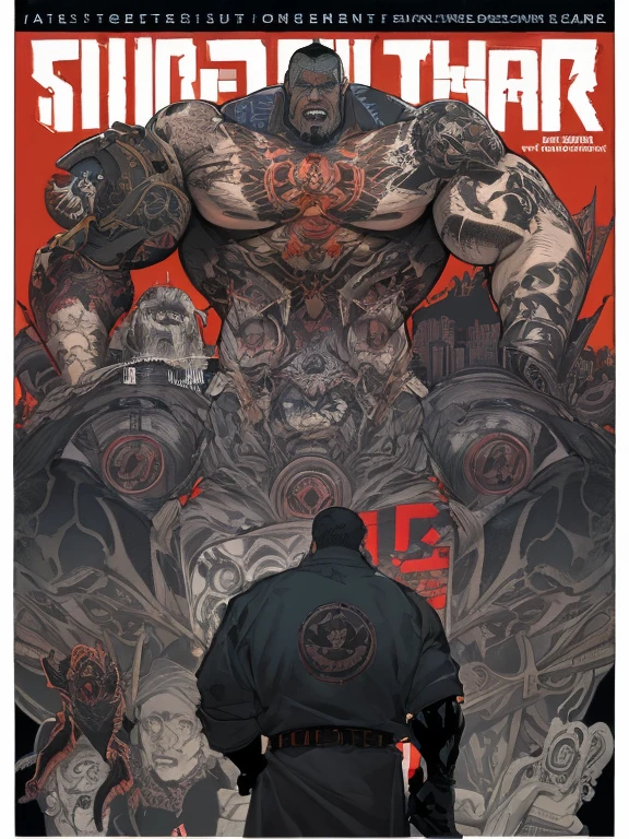 (male) Super cyborg, european male, magazine cover, poster art , Lovecraftian horror tattoos, bold huge text, matted design layout, strong, bold inking techniques, chromatic