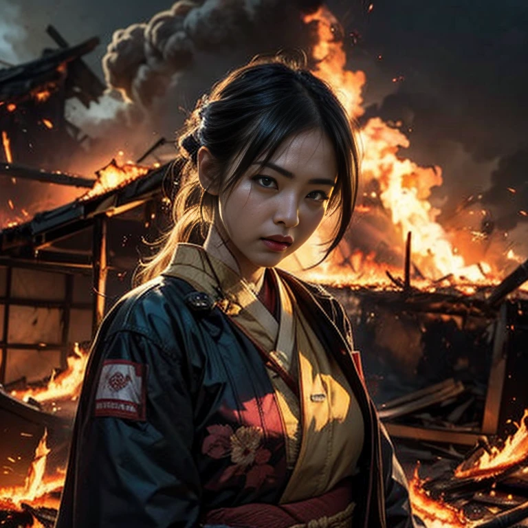 medieval Japan、With the burning castle in the background、A young and extremely beautiful woman、Highly detailed eyes and face、Beautifully detailed eyes、Beautifully detailed lips、 Long eyelashes、 (highest quality、Super detailed、Real、HDR)、Traditional Japanese Clothing、Detailed straight, lustrous black hair、Focused and sharp eyes、A fierce and determined look、Intricate patterns and colorful, elegant designs on kimonos、(Fire、Fire事:1.7)、Intense flames、Burning hell、Engulfing Fire、Fiery Destruction、burning、thick smoke、Raging Firestorm、Devastating Fire、Fiery Chaos、Burning embers、Crackling Hell、Burning building 、Out of control wildfires、Dangerous Flames、Firefighters battling the flames、Smoldering ruins、Fear and panic、Destruction and chaos、Red-hot Intensity、Dramatic fire scene、Burning Fire、A fiery tongue licking the sky、Swirling smoke、Furious Fire Dance、Ears - A sharp alarm sound、Firefighters struggling to contain the blaze、Smoky Haze、Engulfed in flameassive Fireball、Burns everything in its path、Smoke Aftermath、Scorched Earth、A dramatic rescue、Hell engulfing the city、Flames reaching the night sky、Collapsing infrastructure in the middle of flames、Hotter than hell、Dark and ominous cloud of smoke、Blinding heat and flames、Ignition and destruction、An eerie glow illuminating the chaos、Firefighters risk their lives to save others、Burning building collapse、Desperate escape from the flames、Combat between firefighters and fire、Strong heat radiation、A consuming flame that leaves nothing behind、Devastation after the fire、Threat of Fire、fiery red and orange hues、Apocalyptic scenes of destruction、Firefighters brave the dangers amid chaos、Desperate attempts to control the fire、見渡す限りのburningの風景、Sweltering heat wave、A firestorm that consumes everything in its path
