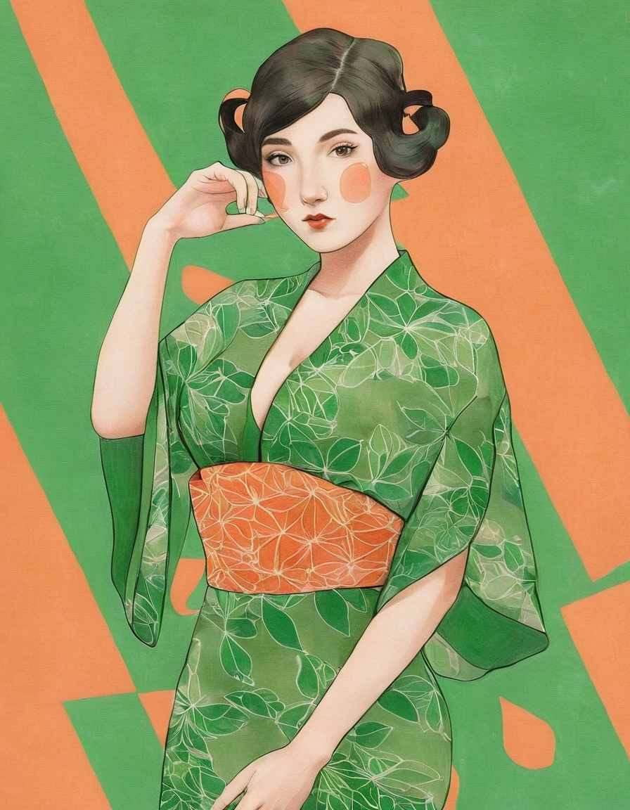 Elf female, feminine look, sexy hair, green outfit, leaves around body, swirling air movement, wide angle, full body view, loose fabric, geometric shapes, small breasts, sherbet pattern kimono, persimmon, up-do hair, Bauhaus, geometric shapes