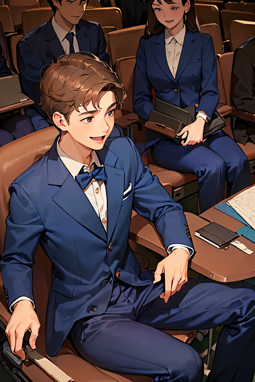 ((best quality)), ((masterpiece)), ((detailed)), (((perfect face))), (((18yo teen boy in navy blue suit))), (((brown hair))), (((navy blue pants))), (((sitting on seat in lecture theatre))), (((laughing, smiling, happy))), (((big, wide eyes))), (((looking away)))