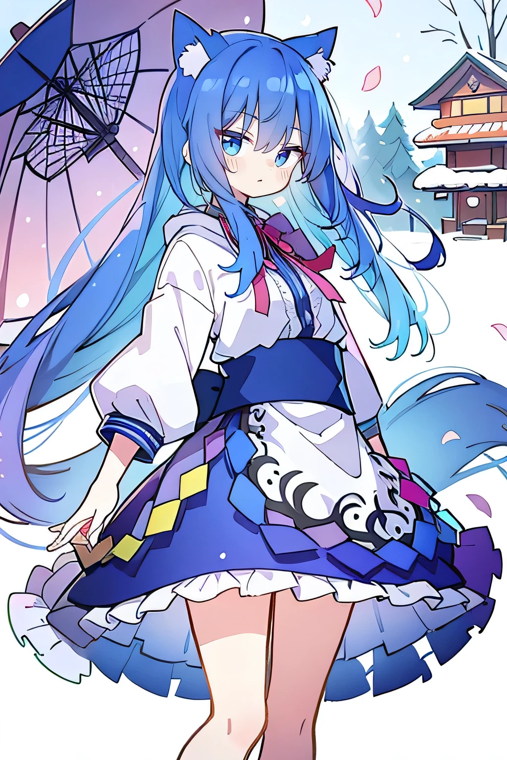 (masterpiece:1.2),Super detailed,lifelike,Expressive eyes,fair skin,perfect face shape,1 girl,
Japanese comics,Gorgeous blue hair,flowing blue hair,flowing clothes,Cat ears,Petals fall,beautiful lola,Baby Angel,sunrise,
Shaking head with one hand,Cross your legs,Gentle and peaceful background,The pavilion is cool and comfortable,smile, wearing hoodie, background of tokyo,back views,snowing, winter.