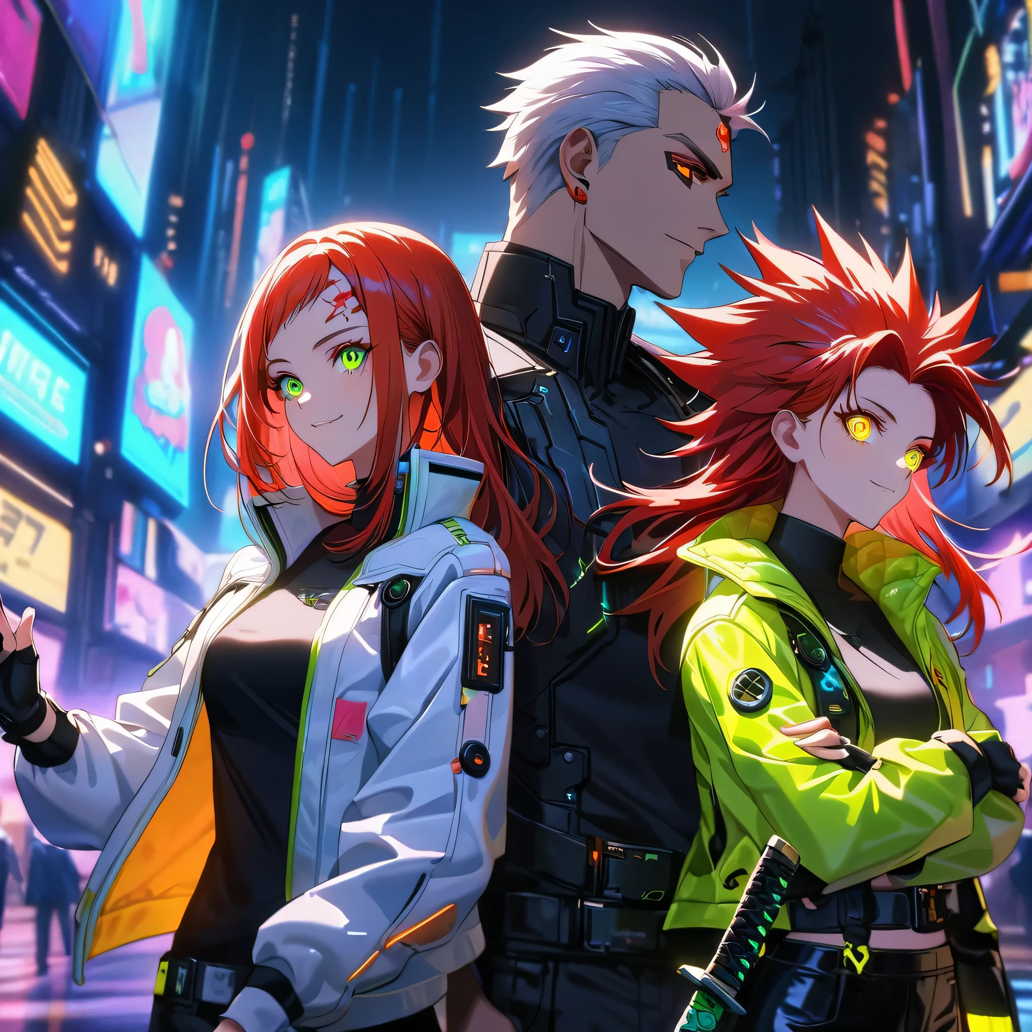 two persons, A man and a girl , man with short red hair spiky upwards with some long strands falling on the forehead and yellow neon eyes holding a perfect neon katana wearing a leather white jacket and black t shirt, stand and confident pose, confidente smile, cyberpunk, night, fingerless gloves , red hair, neon eyes, ultra detailed face, and his horgeous sister with perfect white long hair and green neon eyes,