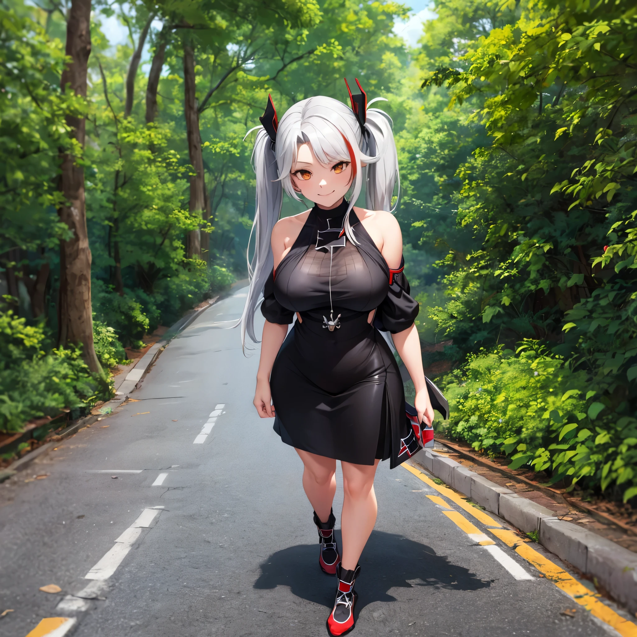 A woman wearing a black dress, long silver hair, red bangs, pigtails, orange eyes, smiling, iron cross necklace around her neck, walking on a sidewalk in a traditional German city, forest background, full body, large breasts,Surrealism, drop shadow, anaglyph, stereogram, tachi-e, pov, atmospheric perspective, 8k, super detail, ccurate, best quality, award winning, textured skin, highres, anatomically correct, (woman solo)
