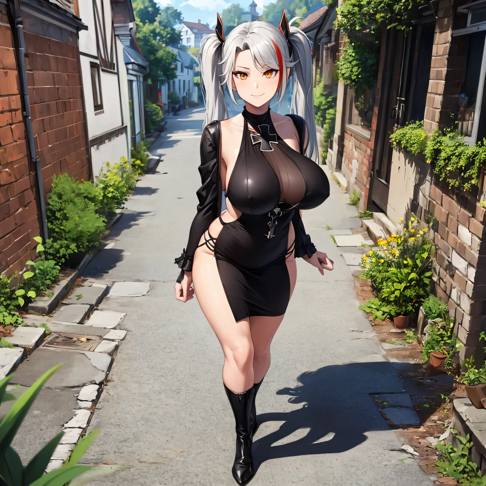 A woman wearing a black dress, long silver hair, red bangs, pigtails, orange eyes, smiling, iron cross necklace around her neck, walking on a sidewalk in a traditional German city, forest background, full body, large breasts,Surrealism, drop shadow, anaglyph, stereogram, tachi-e, pov, atmospheric perspective, 8k, super detail, ccurate, best quality, award winning, textured skin, highres, anatomically correct, (woman solo)
