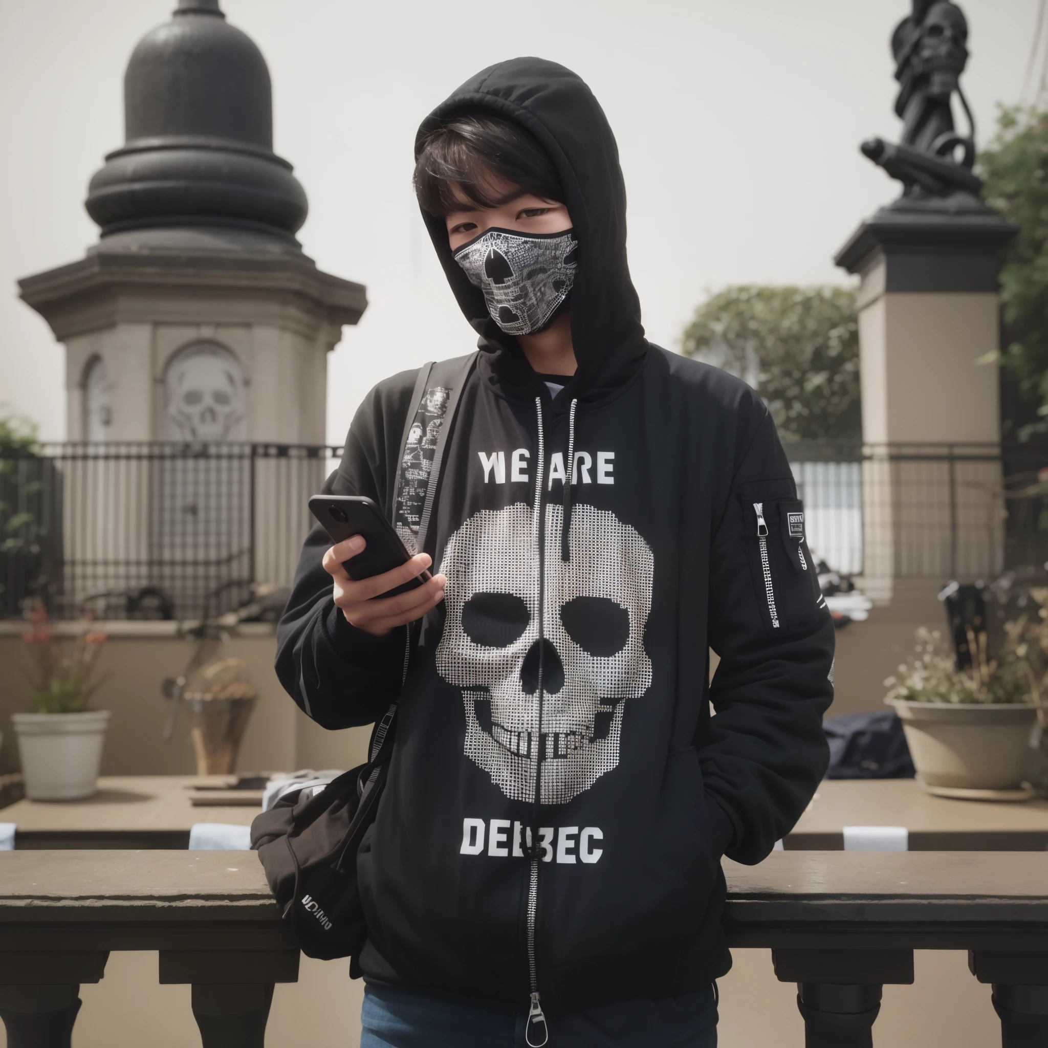 man, handsome, wearing a black jacket Pixelate skull image, underfade hair , maskers 