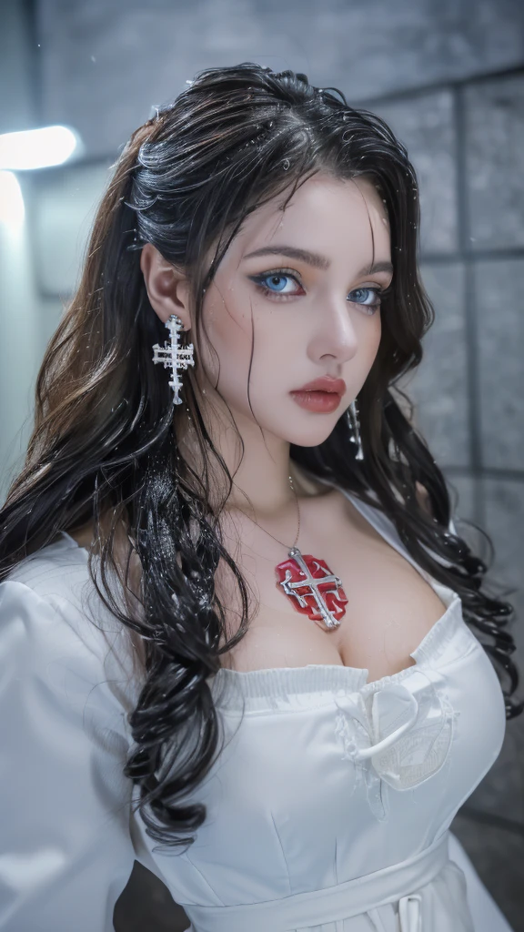 1 miniature Beautiful beautiful woman - Yuan Sayuki, ((top quality, 8K, Masterpiece:1.retty woman, 1 woman, huge breasts:1.3, a slim body:1.1, lush GINGER long hair with 2 buns, (shower, wet body, wet clothes:1.1), very detailed face, detailed lips, detailed eyes, double eyelids, Detailed blue eyes, чрезвычайно Detailed Outstanding Blue Eyes, long GINGER wet hair, GINGER wet hair, Detailed Outstanding Blue Eyes, innocent look at the viewer, very wet wavy white hair, Detailed Outstanding Blue Eyes, huge cross earrings, Outdoors, badges behind, gothic maid uniform,  sexy maid dress, bare chest, huge chest tattoo, detailed huge catholic cross earrings, chest tattoo, Outside, wear a silver cross (Detailed cross shape), reality mode, wet breasts, black necklace, human crowd behind, black latex gloves, hair of white snowy colour, night time, red neon lights, demonic nun, nimbus (golden lighting ring above her head), angel, snowy weather, sexy pose, white lingerie, black maid dress, detailed flower wreath made of different colours, open chest (tattoo on her chest)