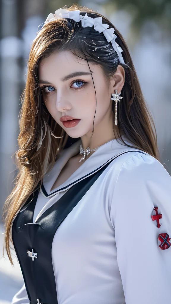 1 miniature Beautiful beautiful woman - Yuan Sayuki, ((top quality, 8K, Masterpiece:1.retty woman, 1 woman, huge breasts:1.3, a slim body:1.1, lush GINGER long hair with 2 buns, (shower, wet body, wet clothes:1.1), very detailed face, detailed lips, detailed eyes, double eyelids, Detailed blue eyes, чрезвычайно Detailed Outstanding Blue Eyes, long GINGER wet hair, GINGER wet hair, Detailed Outstanding Blue Eyes, innocent look at the viewer, very wet wavy white hair, Detailed Outstanding Blue Eyes, huge cross earrings, Outdoors, badges behind, gothic maid uniform, sexy maid dress, bare chest, huge chest tattoo, detailed huge catholic cross earrings, chest tattoo, Outside, wear a silver cross (Detailed cross shape), reality mode, wet breasts, black necklace, human crowd behind, black latex gloves, hair of white snowy colour, night time, red neon lights, demonic nun, nimbus (golden lighting ring above her head), angel, snowy weather, sexy pose, white lingerie, black maid dress, detailed flower wreath made of different colours, open chest (tattoo on her chest)