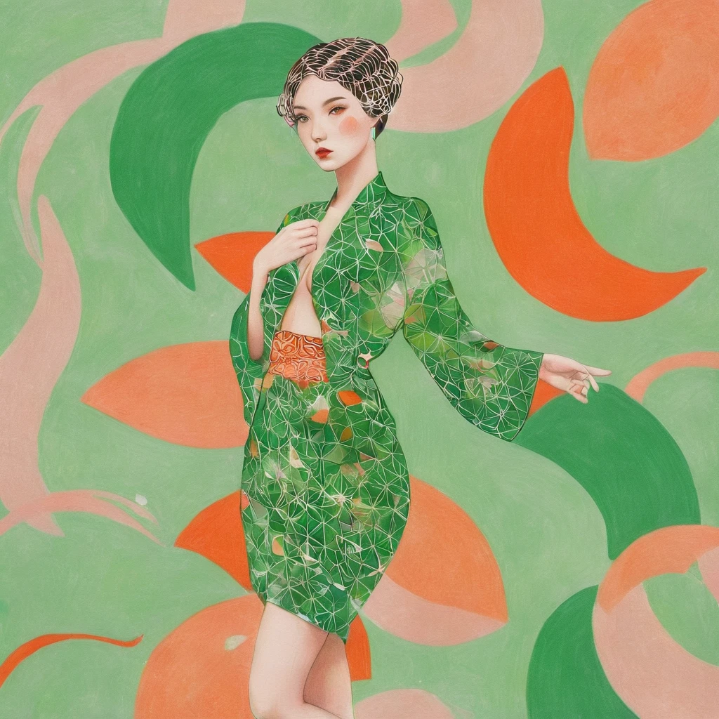 Elf female, feminine look, sexy hair, green outfit, leaves around body, swirling air movement, wide angle, full body view, loose fabric, geometric shapes, small breasts, sherbet pattern kimono, persimmon, up-do hair, Bauhaus, geometric shapes
