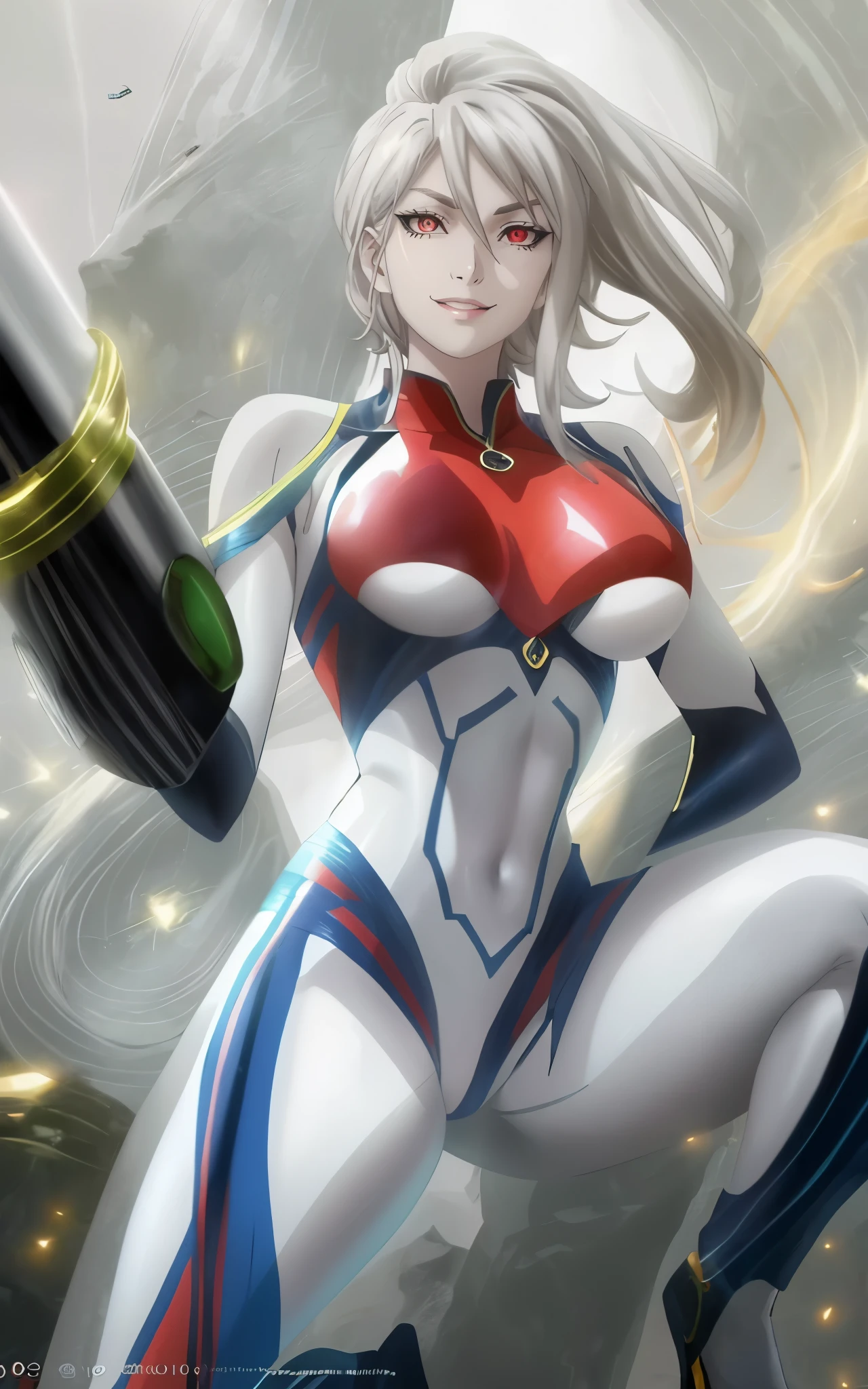 (short hair, silver hair:1.3), red eyes, pale skin, muscular female, anatomically correct, mature female, curvy, huge breasts, 1girl, solo, breasts, high_heels, bodysuit, covered_navel, full_body, skin_tight, standing, jewelry, anime coloring, anime screencap, hair ornament, (shaded face:1.2), hollow eyes, red eyes, looking at viewer, smirk, upper teeth, lips,
