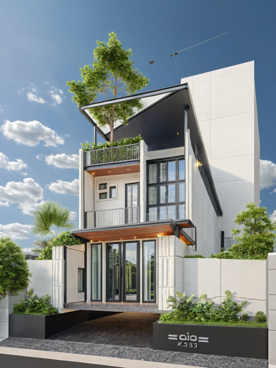 Architectural style Architectural style,  ((Classic Style House)),(masterpiece) , ((best quality)), dramatic lighting, high quality outdoors, sky, day, cloud, tree, blue sky, building, scenery, road, real world location,  sunlight, enough detail, high resolution,super realistic, Photorealistic, highly detailed, balcony, plants, door, car, truck, parking slot, paving, . Clean lines, architectural drawing, highly detailed  , . Clean lines, geometric shapes, minimalist, modern, architectural drawing, highly detailed, steel windows and doors (glass panel)