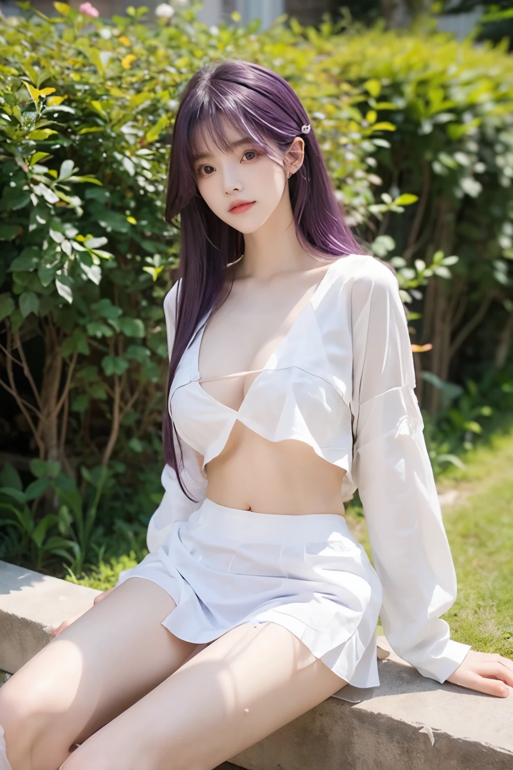 Beautiful woman with perfect body:1.4,Layered Hairstyle,Prominent cleavage,Highly detailed face and skin textures,Double eyelids,Skin Whitening,Long hair,Whitened long legs,Purple Hair,(Tight T-shirt,miniskirt,White pantyhose)Stand in the garden