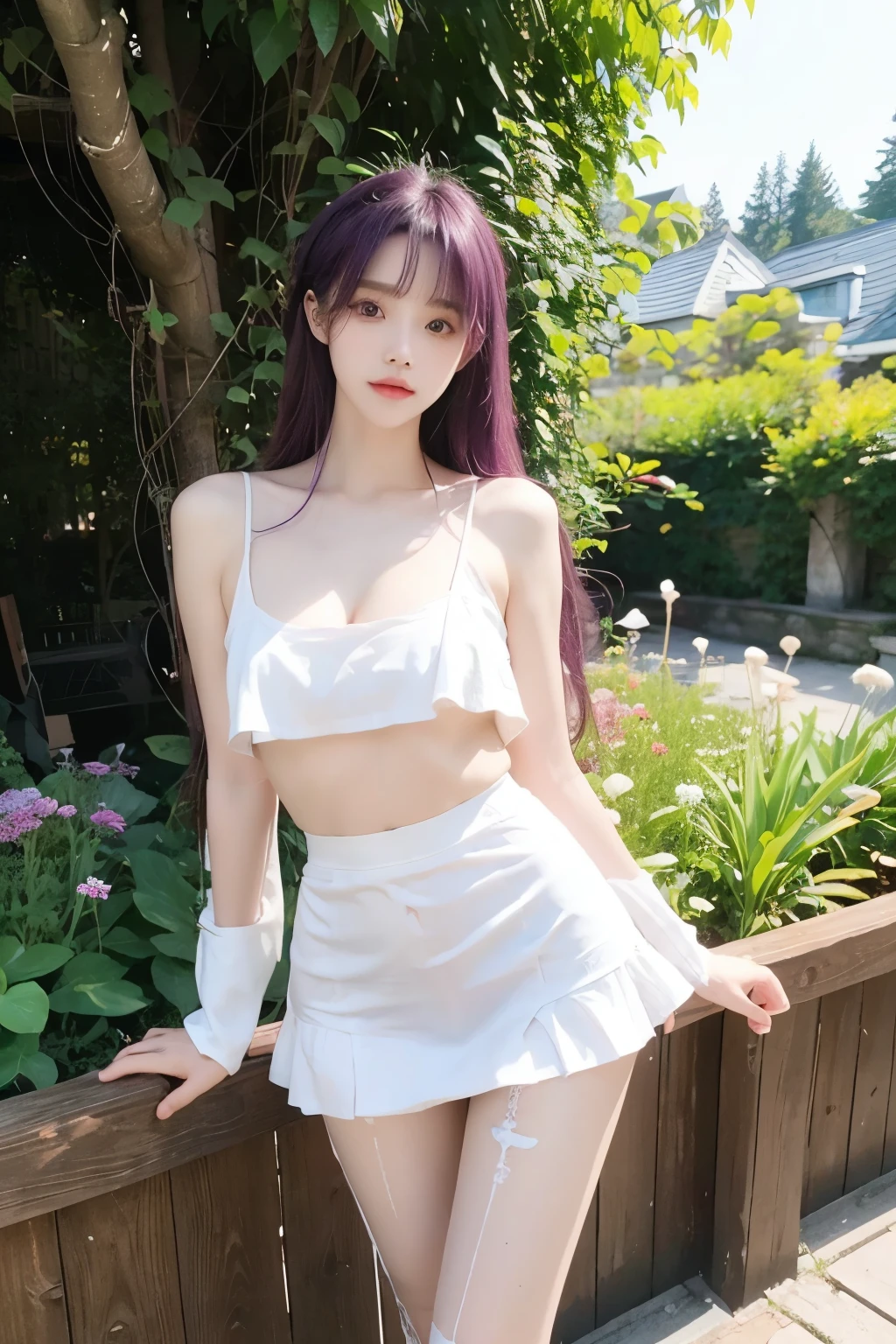 Beautiful woman with perfect body:1.4,Layered Hairstyle,Prominent cleavage,Highly detailed face and skin textures,Double eyelids,Skin Whitening,Long hair,Whitened long legs,Purple Hair,(Tight T-shirt,miniskirt,White pantyhose)Stand in the garden