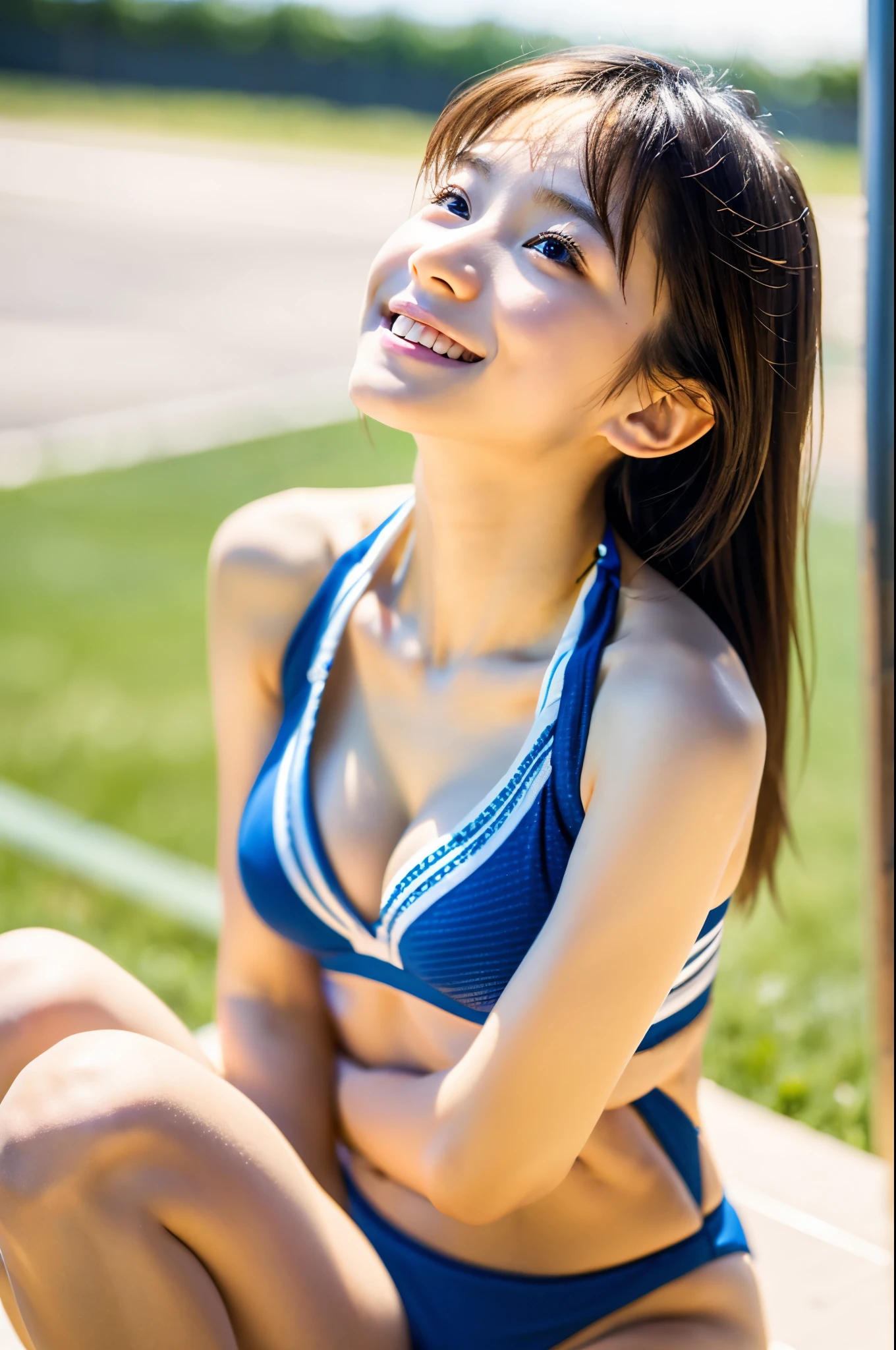 アイドルのようにvery cute、Cute and adorable、のYoung faceに見える、18-year-old high school girl, Young face、very cute、Smiling Kindly、Cheerleader、The uniform is a bikini type.、Cleavage-revealing design、Sitting upright in the schoolyard, looking up、Arms are behind the waist、Full body portrait、Full body sitting posture、 Natural light、Accurate、Anatomically correct、Textured skin、Super Detail、 Attention to detail、highest quality、High resolution、Real、realism、Raw photo、Genuine、masterpiece
