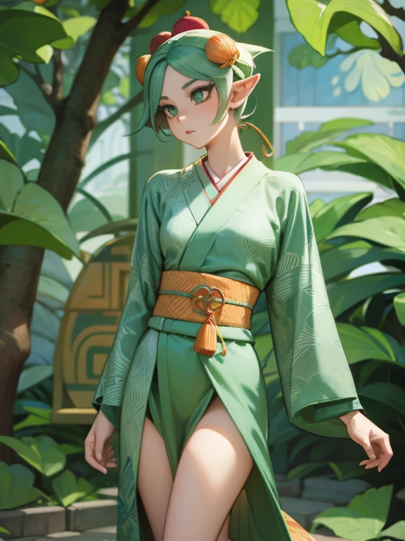 Elf female, feminine look, sexy hair, green outfit, leaves around body, swirling air movement, wide angle, full body view, loose fabric, geometric shapes, small breasts, sherbet pattern kimono, persimmon, up-do hair, Bauhaus, geometric shapes
