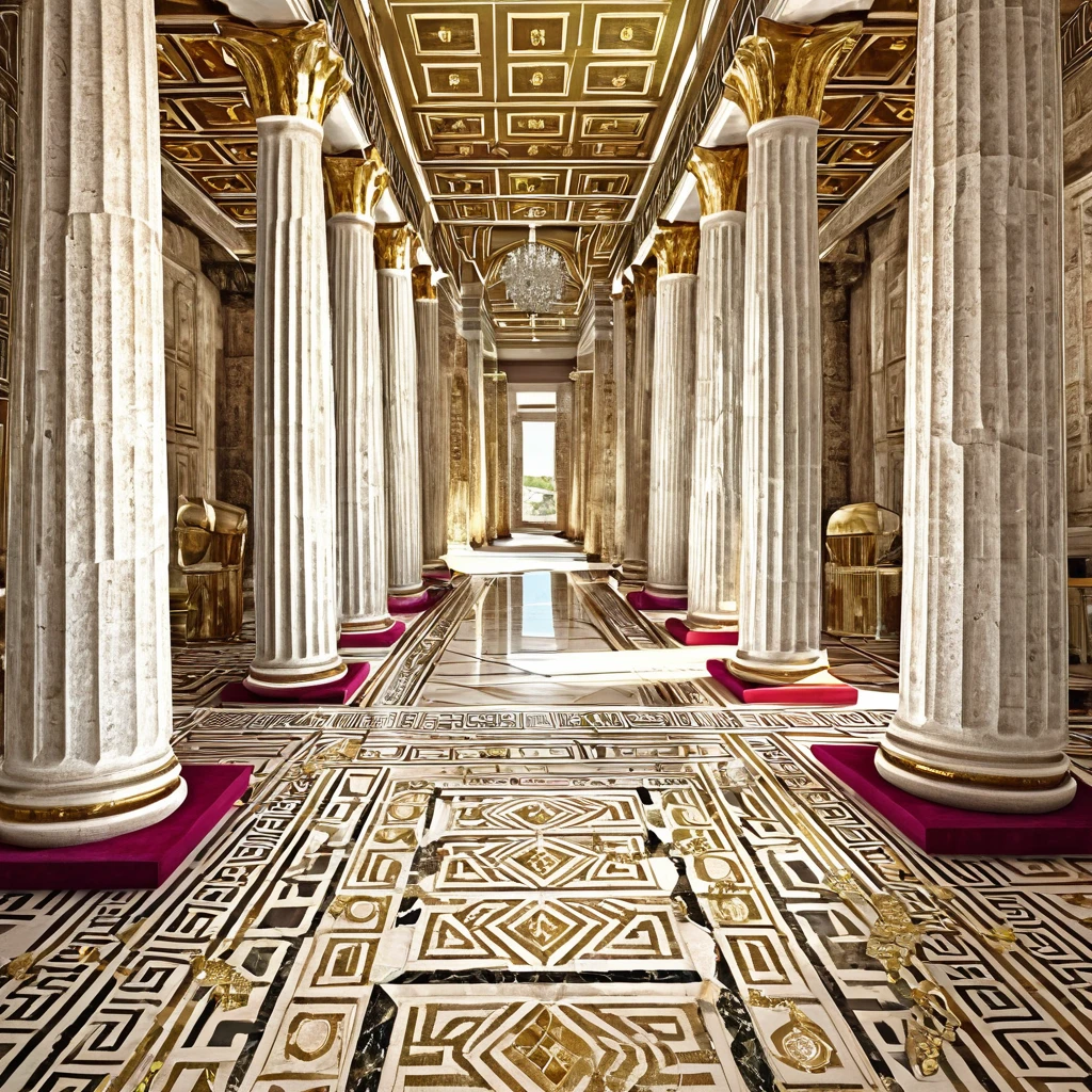 The inside of a  lavish Greek temple with pillars, treasures, gold , diamonds , rubies & emeralds of all cuts and different sizes cover the floor