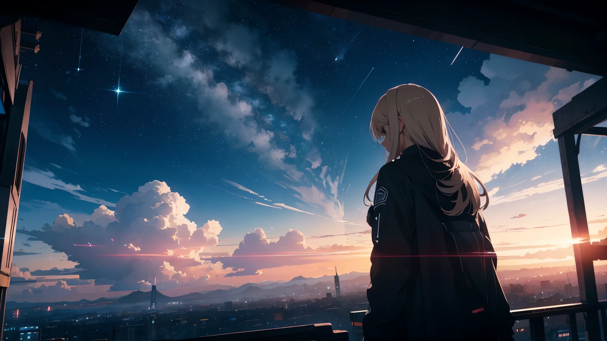 octane, null, star (null), scenery, Back view、Blonde、starry null, night, 1 girl, Night null with a cigarette, alone, outdoor, building, cloud, milky way, wood, long hair, city, silhouette, cityscape,anime art wallpaper 4k, anime art wallpaper 4k, Space null. by Makoto Shinkai,, anime wallpaper 4k, anime wallpaper 4k, infinite universe in the background, Look at the null、