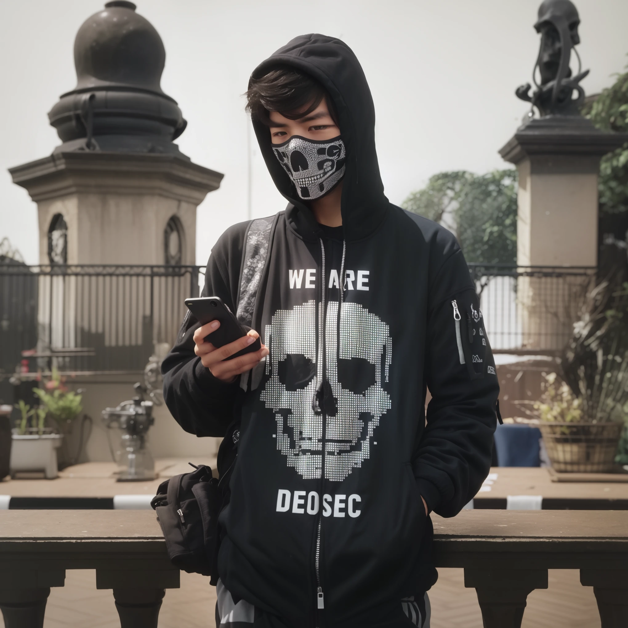 man, handsome, wearing a black jacket Pixelate skull image, underfade hair , maskers