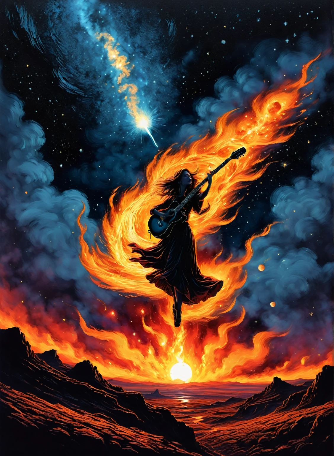 "Capture the epic, realistic and enchanting scene of a beautiful girl playing the guitar on the moon, while a large flaming meteor streaks across the sky behind her. The girl is positioned in the center of the image, illuminated by the soft moonlight, highlighting her delicate features and serene expression as his skilled fingers dance over the guitar strings. The burning meteor adds an element of drama and urgency to the scene, with its vibrant colors and sense of imminent movement.
To bring realism and sophistication to the scene, add details like the rough texture of the lunar surface beneath the girl's feet, the strands of her hair gently ruffled by the cosmic breeze, and small details in the surrounding lunar landscape, like distant craters and low mountains. The color palette should be rich and contrasting, with the deep blue tones of the night sky mixing with the golden and reddish tones of the burning meteor.
The composition of the image must highlight with detail of realism and impressionism the beauty and serenity of the girl, while simultaneously conveying the grandeur and danger represented by the burning meteor. The scene must be able to capture the attention of all viewers, inviting them to immerse themselves in the magic and emotion of the captured moment."