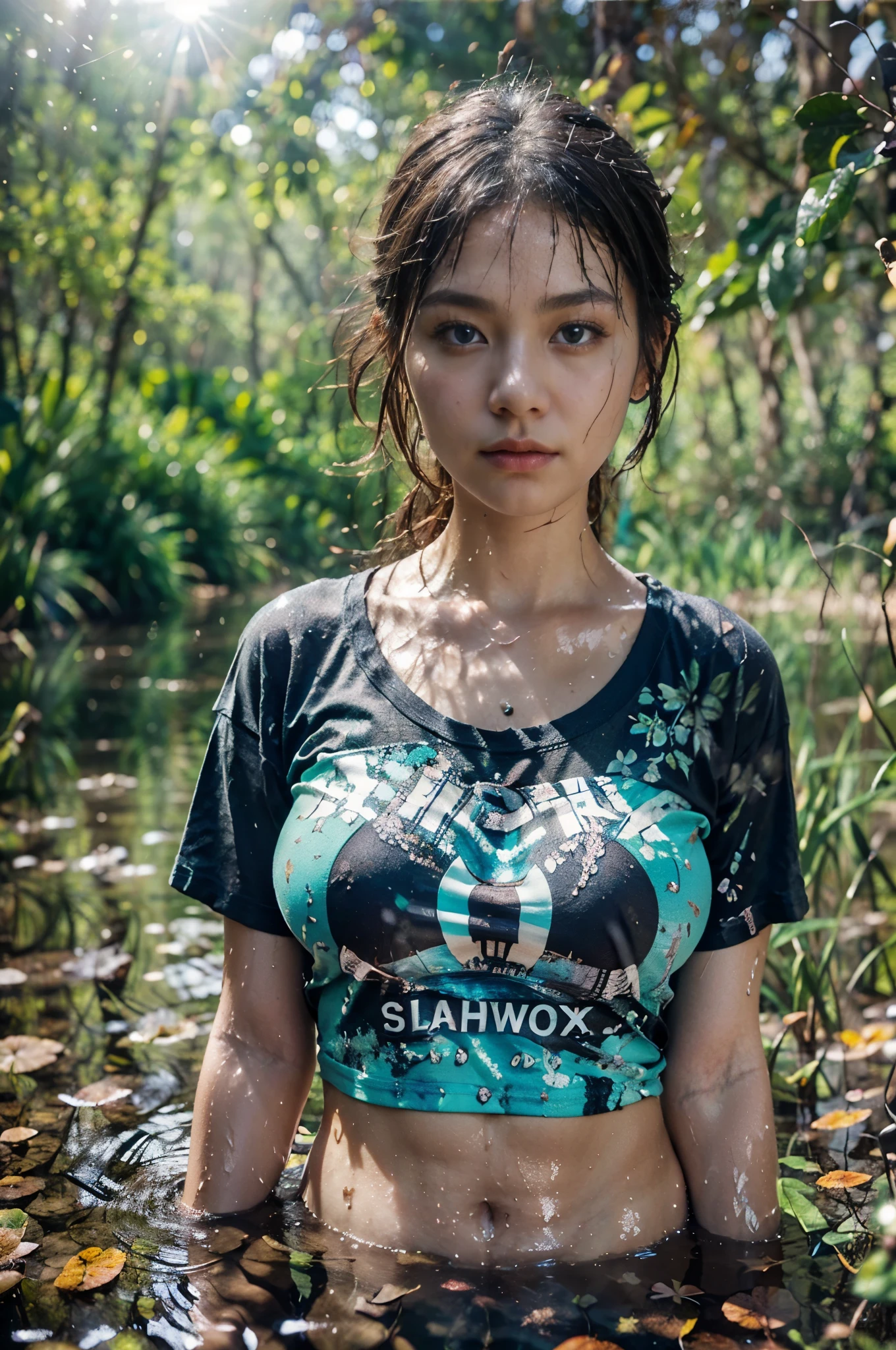 best quality,4k,8k,highres,masterpiece:1.2),ultra-detailed,(realistic,photorealistic,photo-realistic:1.4), profesional photograph by dunitskiy david, natural light, half body portraits, a beautiful young korean girl, ((wearing t-shirt:1.5), (grab up her breast by her hand:1.4)), innocent looks, soft glow, elegant beauty, detailed blue eyes, atractive pose, delicate skin texture, flowing messy hair, seductive expression, plumpy posture, collarbone, naturally droopy breast, (exposed fatty belly:1.1), (soaking down:1.4) in the middle of dirty swamp in forest, surrounded by water, subtle shadows, dirty background, shallow depth of field, high contrast, foggy atmosphere, fine art photography, low angle, (seen from below:1.2) close up, (facing forward:1.3), photon mapping