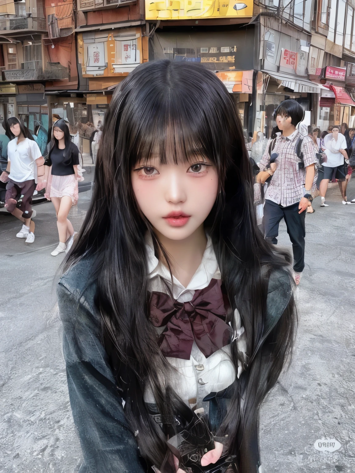 arafed asian woman with camera in street with people walking by, black hime cut hair, she has black hair with bangs, anime girl in real life, white hime cut hairstyle, ulzzang, long hair with full bangs, neat hair with bangs, long black hair with bangs, the hime cut, south east asian with round face, long hair with bangs