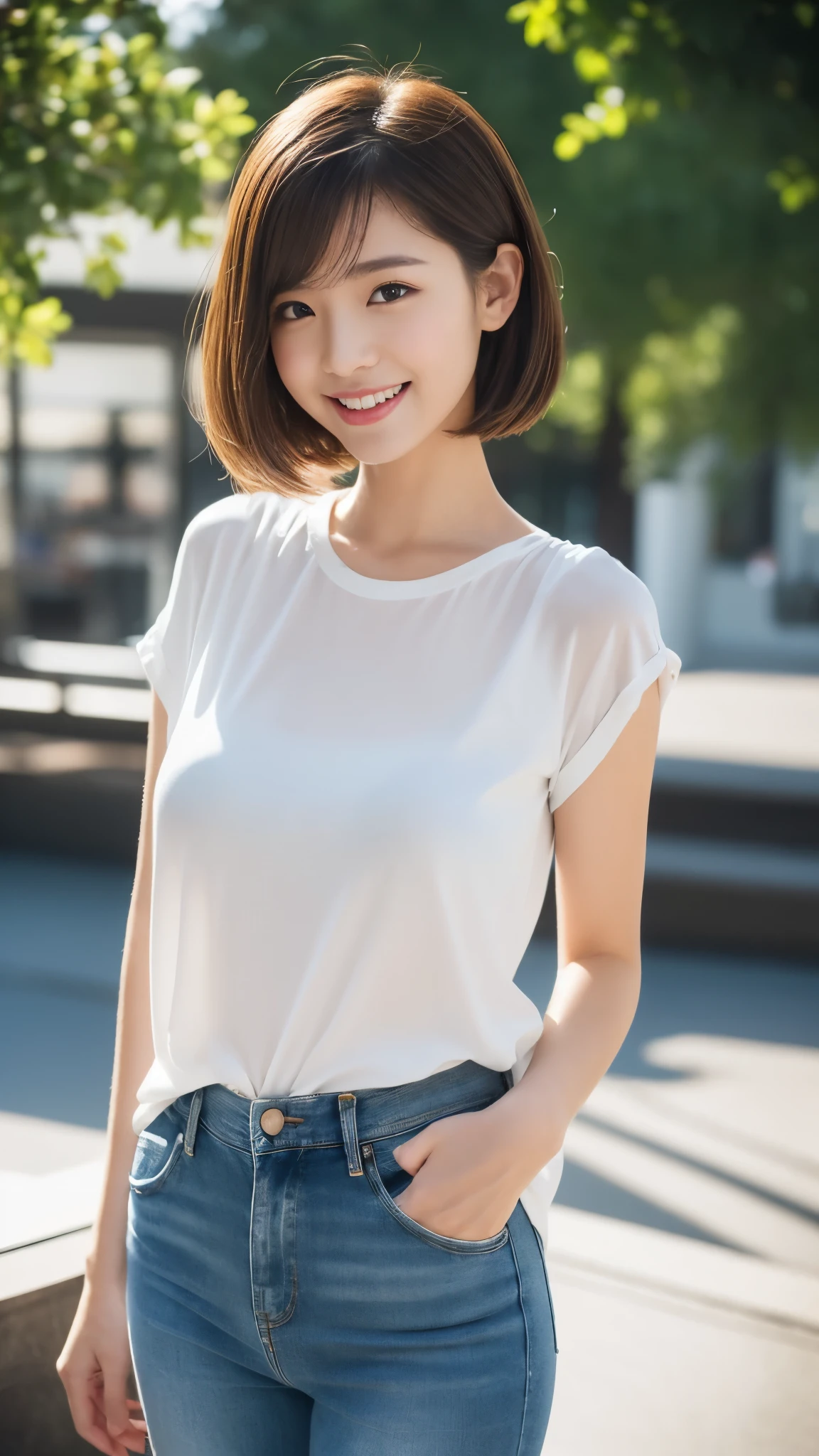 （超A high resolution，RAW Photos，8k,KHD，highest quality，masterpiece:1.5），（Intricate details，Realistically），One very beautiful woman, 30 years old, High resolution, Highly detailed face, (Professional Lighting，Bokeh），（Particles of light，Lens flare brilliance，Luminous Particles：0.6），Gentle soft lighting，Trendy atmosphere，Japanese，Street，Stylish side-wavy short hair，Bobohead， Brown haired, hair is delicate and soft，Spread your wings, Lips parted, mouth紅, Captivating smile, smile, mouth, teeth, There are small dimples，White Swan Neck，Shave your shoulders, Big Chest，（small，Golden ratio numbers），Please wear（Bluish gray）（Perfect fit，Slim fit，体にPerfect fit）Wearing a fashionable white shirt, (Wash Blue）（Fashion Jeans),（Attention to detail in the costumes:1.5）， double eyelid，Long eyelashes, Birthmark, (Mole under the eye: 1), Big breasts and small waist，Beautiful ass，Calves are balanced, Thinness:1.2，Small white and soft jade legs，Beautiful toes:1.5，Wear branded fashion sandals:1.0，（Boldness，Coquettish，Playful and beautiful poses，Raised to be sexy，Attractions），Female-centered focus photography，Focus on the hips and crotch，Wide lighting，Natural Shadows，Wide Wide Shot，Close Focus，Full body shot:1.8,Full body photo:1.8