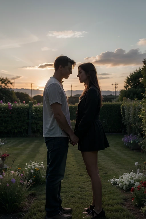 The shadow of a couple in the middle of a garden with flowers with a sunset