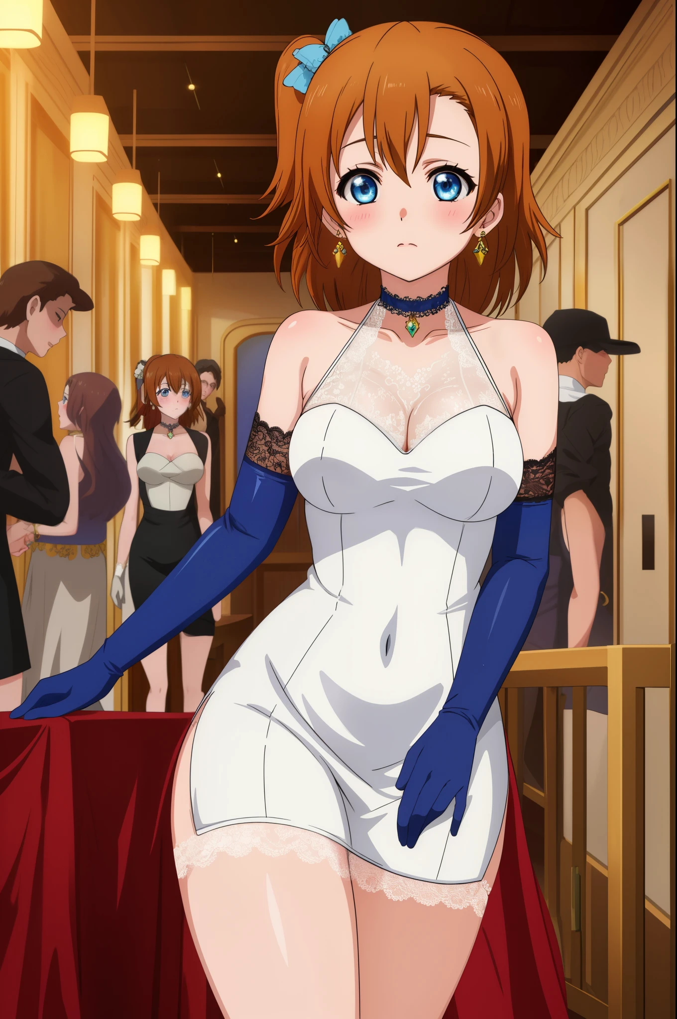 (Masterpiece, Best Quality, High Quality), cowboy shot,kousaka honoka, blue eyes,volumetric lighting, illustration, beautiful, breasts, alternate elegant hairstyle, blush, elegant skinny dress, lace straps, halter neck, jewelry, closed_mouth, diamond earrings, lace choker, lace elbow gloves,in party hall, thighs 