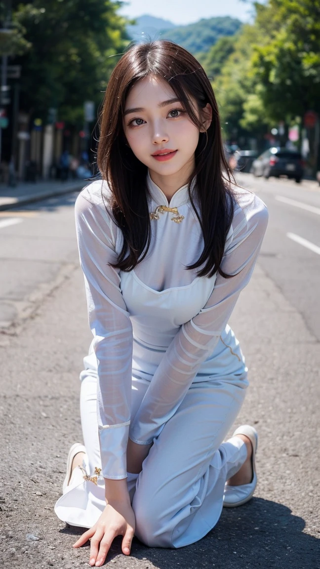 Top-quality Realistic,Official art,Highly detailed CG Unity 8k wallpaper,ultra-detailliert,hight resolution,Physically-based rendering,Magnificat,finely detail,masterpiece,Best Quality,ultra detailed,Mature beauty,Beautiful women,1girl,moist lips,sexy lips,Sexy smile,Gentle smile, 20 years old, Beautiful bare skin,Smooth bare skin, big well-shaped breasts, beautiful cleavage,beautiful Mature body,swept bangs,(Medium hair:1.3), beautiful detailed eyes,model shoot style,Japanese Idol,Full-body,((in Trang An Landscape Complex)),BREAK, ((Ao dai:1.3)),(vietnamese national costume),Standing model pose,Delicately expressed eyes,cute smile,standing position,A gentle smile like a goddess,(begging for a kiss:1.3),(leaning forward:1.3), (hands on knees:1.3),((Extreme close-up)),