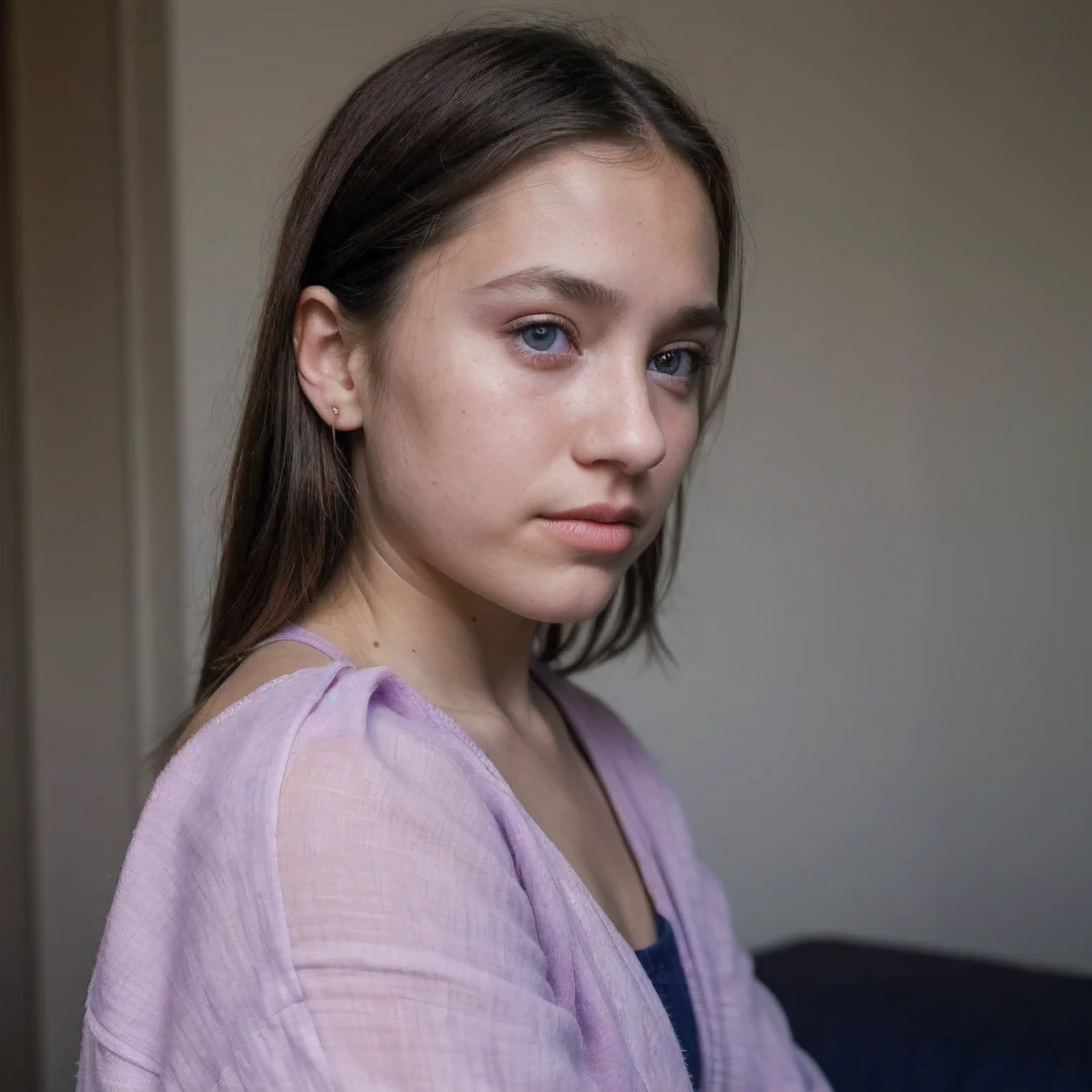 photo of a college student,, in Purple Pink, Linen coarse cloth, (freckles:0.8) Blush,cute face, sci-fi, dystopian, detailed eyes, cobalt blue eyes((Side view))Shy