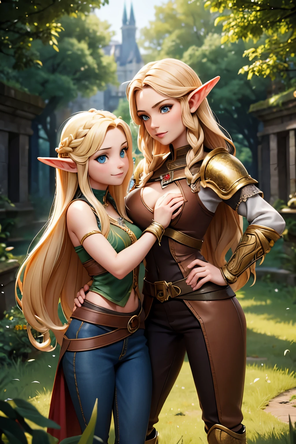 photorealistic, a high resolution, 2 beautiful female elf warriors, ((twins)), long braided golden hair, (wear elven baroque armor), battle-worn, magic, jeans, short top, smiling, fantasy, dynamic pose, background of castle ruins in the forest, dramatic, Chromatic aberration.