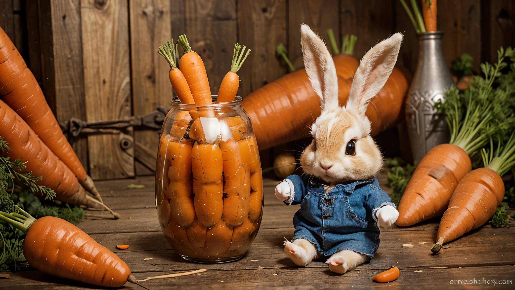 Imagine a whimsical scene where a mischievous rabbit encounters a magical carrot. Write a short story or description detailing the rabbit's curious exploration of this enchanted carrot and the unexpected adventures that unfold as a result.