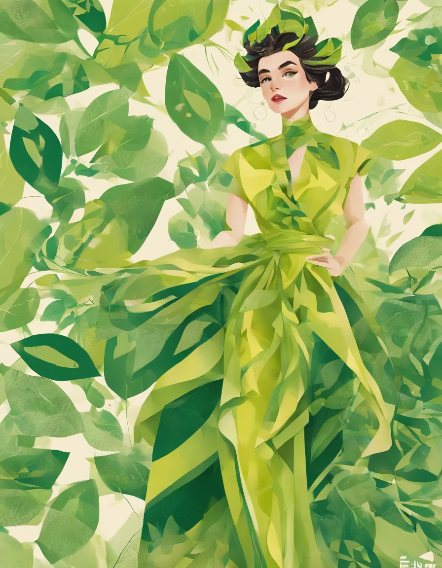 Elf female, feminine look, sexy hair, green outfit, leaves around body, swirling air movement, wide angle, full body view, loose fabric, geometric shapes, small breasts, lime pattern kimono, brushstrokes yellow, up-do hair, Bauhaus, geometric shapes