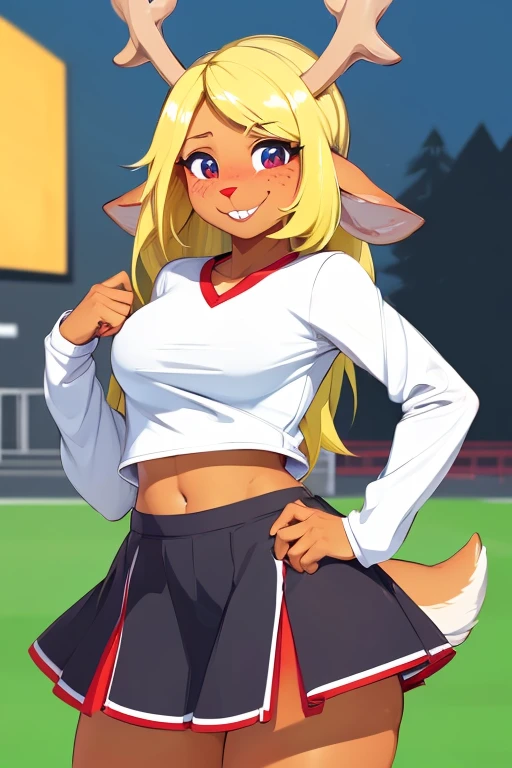 (noelle, furry female anthro, blonde hair, deer girl, red deer nose, white eyes, white pupils, high school cheerleader outfit, big breasts, midriff), hands on hips, wide hips, green neon city, smiling, blushing