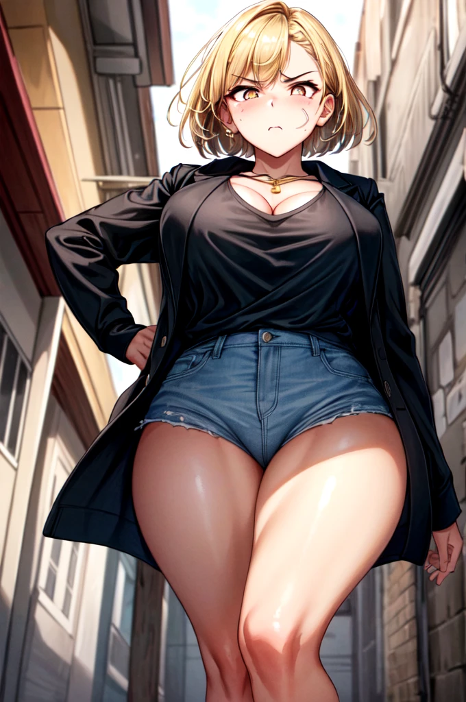 masterpiece, best quality, sunset, cowboy shot, view from below, 1girl, delinquent girl, tough appearance, sharp eyes, golden eyes, short hairstyle, dirty blonde hair color, rough face, big breasts, black casual jacket, , alley, curvy body, mature face,
((looking disgusted)), looking at viewer, golden eyes,
in the classroom,