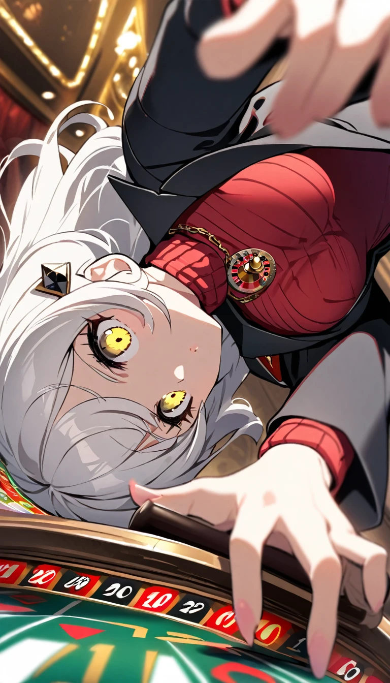One woman, flowing white hair, melancholy eyes, yellow eyes, black diamond shaped hairpin, formal Soviet style two-piece black suit, red turtleneck sweater under suit, gold necklace, roulette, dealer, innocent, confident, cute, trying to spin roulette with hand on knob, low angle,