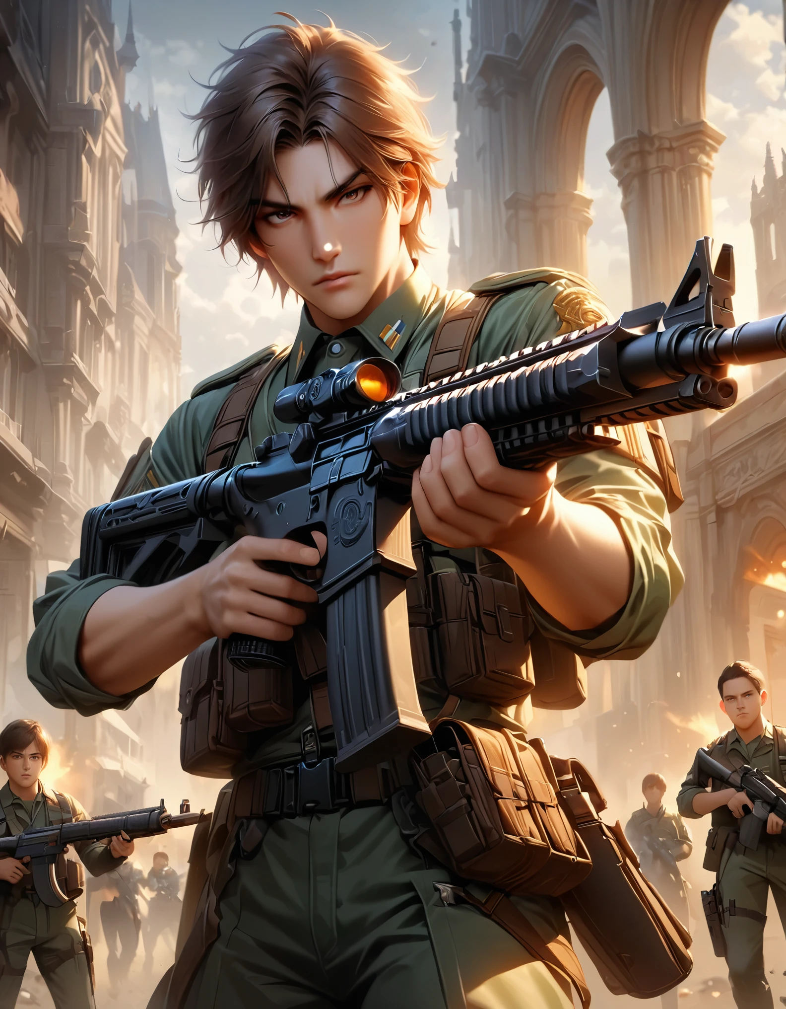 masterpiece, best quality, hyper-detailed, ultra-detailed, 1boy, college-age man, assault rifle, brown eyes, brown hair, medium hair, short hair, perfect hands, gun, holding gun, holding weapon, holster, holstered weapon, male focus, military, military uniform, pistol holster, pistol in holster, realistic, rifle, scope, sleeves rolled up, solo, solo focus, trigger discipline, light green uniform, weapon
