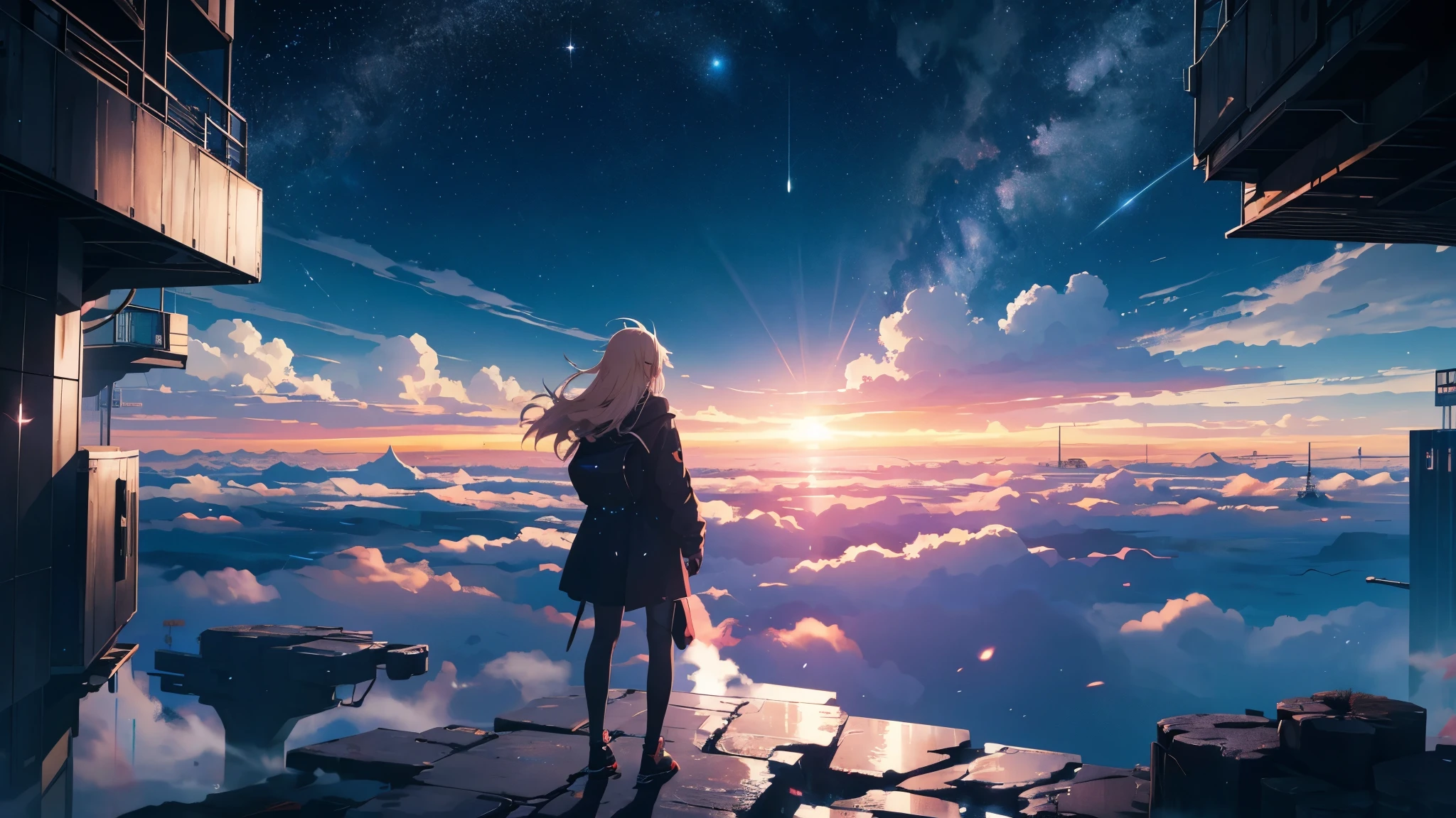 octane, null, star (null), scenery, Back view、Blonde、starry null, night, 1 girl, Night null with a cigarette, alone, outdoor, building, cloud, milky way, wood, long hair, city, silhouette, cityscape,anime art wallpaper 4k, anime art wallpaper 4k, Space null. by Makoto Shinkai,, anime wallpaper 4k, anime wallpaper 4k, infinite universe in the background, Look at the null、