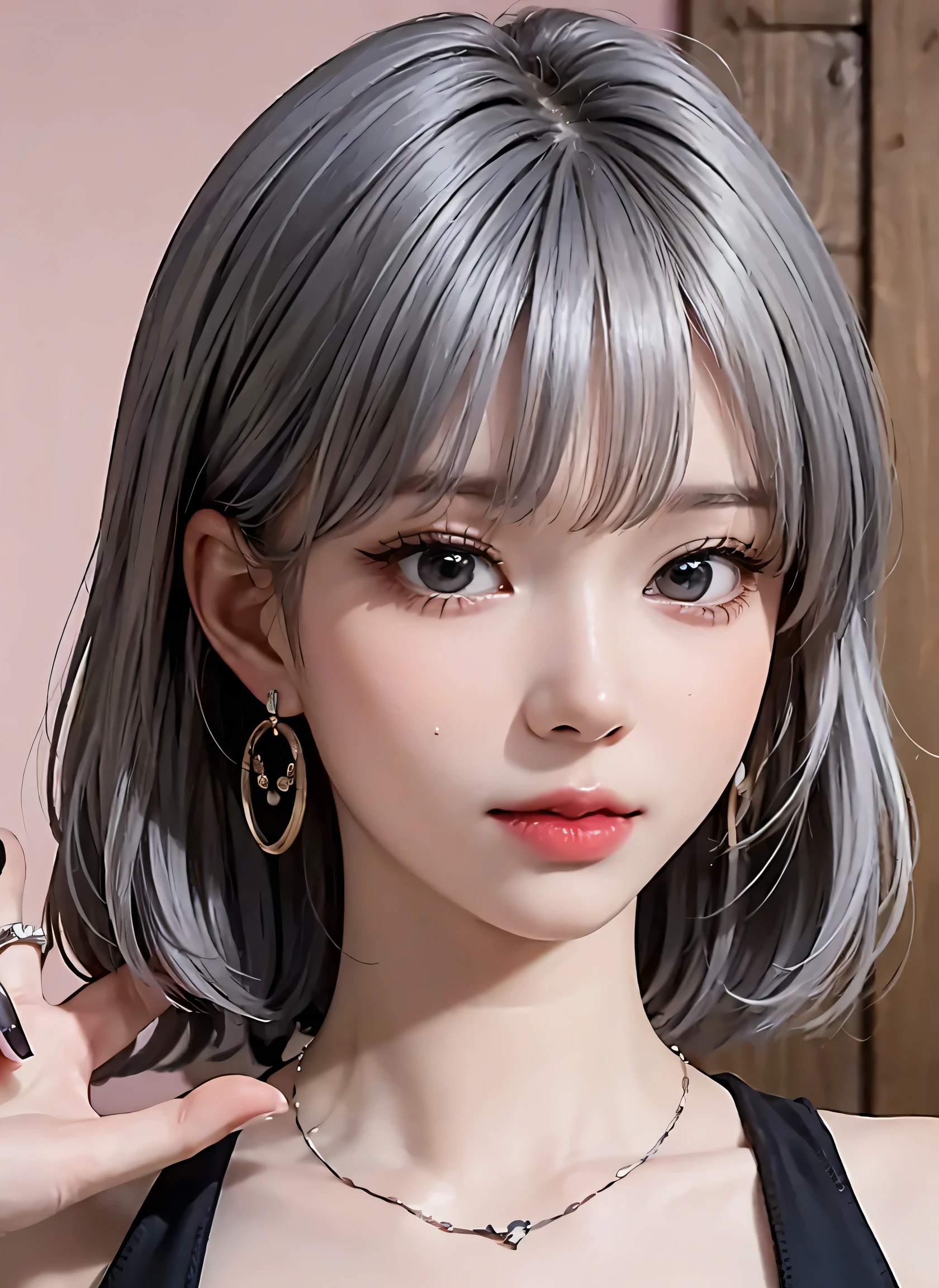 high quality, Lots of details, A girl with silver hair and twin tails poses cutely. They are dressed in vintage gothic clothing, Putting on a bracelet, Earrings and Necklaces. I can see big things. The photo is a close-up of the face, Cleavage, Shining Breasts, Sweat drips from her cleavage, Sexy vibe.